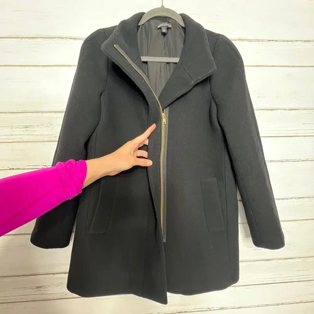 J.Crew Mercantile Black Wool Blend Zip Front Coat Women’s Size 6
